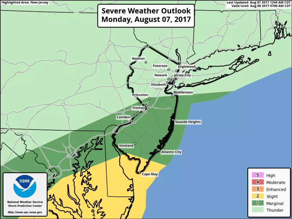 Severe Weather Outlook from the Storm Prediction Center, showing a marginal to slight risk for damaging winds across most of New Jersey. (NOAA / SPC)